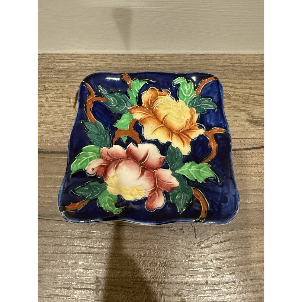 Antique Maling Ware Newcastle on Tyne England Peonies Cobalt Blue Tray Dish